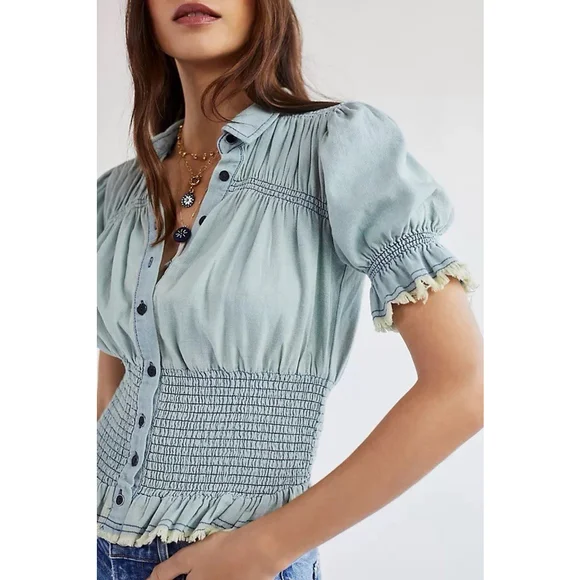 Pilcro Femme Smocked Blouse Milkmaid L Puff Sleeve Boho Western Festival Cottage - Picture 2 of 11